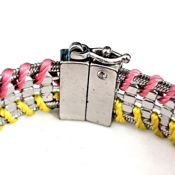 Ann Taylor Loft Silver Tone Barbie Pink & Yellow Rhinestone Inlay Bracelet - Picture 3 of 4